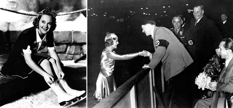 Sonja Henie saludando a Adolf Hitler después de lograr su 3a medalla de oro en los Juegos Olímpicos de 1936 en Garmisch-Paternkirchen